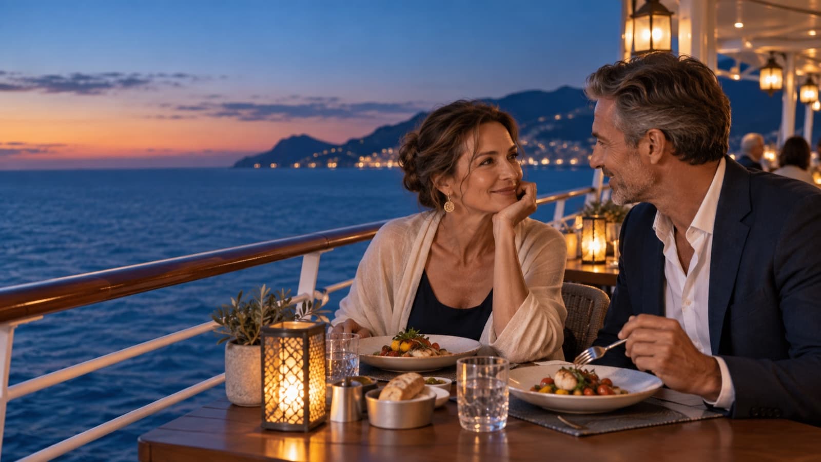 Dinner mit Meerblick zur blauen Stunde